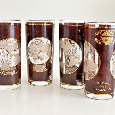 Vintage Culver glassware. Gold and tortoise highball cocktail glasses featuring world map atlas design.   Postmodern nautical barware. 