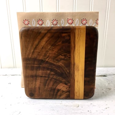 Wooden napkin holder - laminated wood front - 1980s artisan vintage 