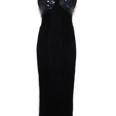 Black Velvet Gown, Vintage Victor Costa, Formal Dress, Small Women, Beaded Sequined, Halter Gown 