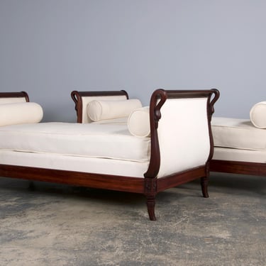 Antique French Empire Swan Neck Mahogany Daybeds W/ Cream Woven Fabric - A Pair 