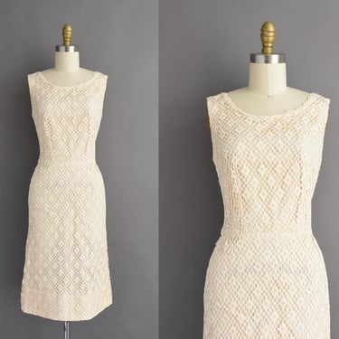 1950s vintage dress | Carol Brent Fishnet Ivory Cocktail Party Wiggle Dress | Small 