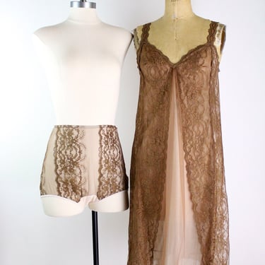 50s Van Raalte Brown Lace Lingerie Set / Vintage High Waisted Panty / Nightgown / size S/M 