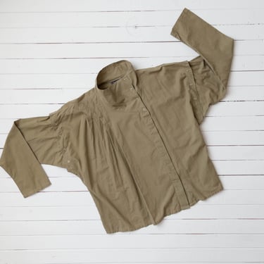 brown cotton blouse | 80s vintage avant garde unique unusual beige high collar long sleeve light brown cotton shirt 
