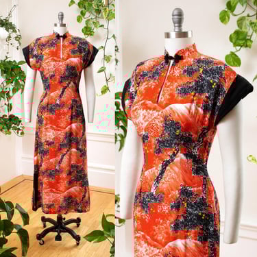 Vintage 1950s Pake Muu | 50s Cold Rayon Hawaiian Aloha Novelty Print Red Orange Tiki Cheongsam Sheath Maxi Gown | small 