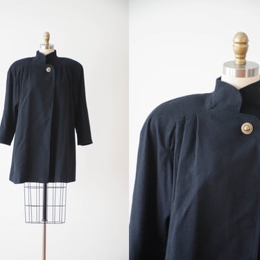 black wool cape coat | 80s 90s vintage 40s style dark academia goth style padded shoulder oversized swing coat 
