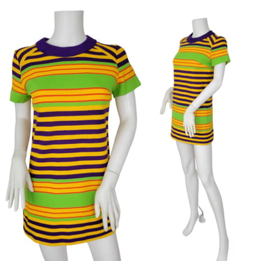 1960's Rainbow Stripe T Shirt Short MOD Dress I Sz Med I Johnathan Logan 
