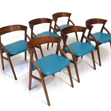 Six Rosewood Danish Dining Chairs in Blue Leather