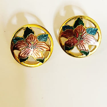 Cloisonne Earrings with Floral Design Vintage Floral Enamel Earrings Pierced Gold-tone Circle Flower Earrings Button Earrings 