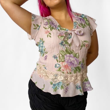 Y2K Dusty Pink Floral Blouse, sz. L
