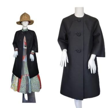 Maison Mendessolle 1960's Collarless Black Wool-Silk Blend 3/4 Sleeve Coat I Jacket I Sz Med I MOD I Rodina 