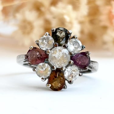 Art Deco Inspired Rainbow Multi-Gemstone 925 Cocktail Style Sterling Silver Vintage Ring - sz 7 
