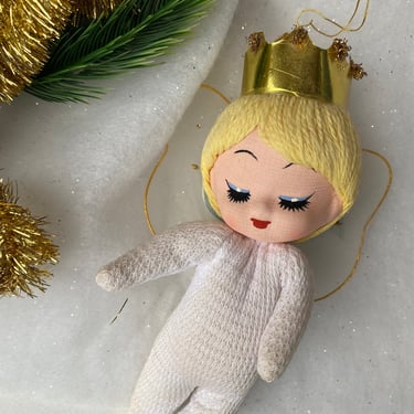 Vintage Angel Princess Baby Ornament Doll, Christmas Angel Stuffed Baby With Net Wings, Large Ornament, Baby In White Pajamas 