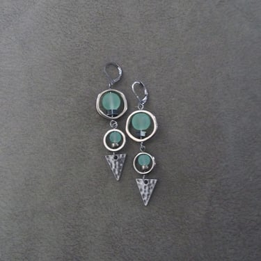 Long sea green earrings, bohemian earrings, gunmetal earrings, bold earrings, boho earrings, glass earrings, geometric earrings, artisan 