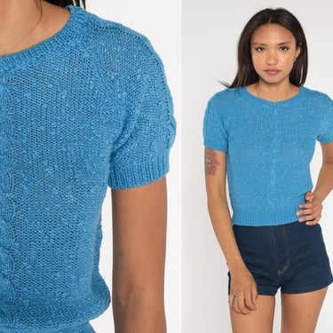 Blue Knit Top Cable Knit Sweater Shirt 80s Catalina Short Sleeve Sweater 1980s Slouchy Boho Plain Raglan Sleeve Extra Small xs 