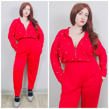 1990s Vintage Red and Gold Studded Jumpsuit / 90s / Nineties Zip Front Cotton / Poly One Piece Playsuit / Size Large - XL 