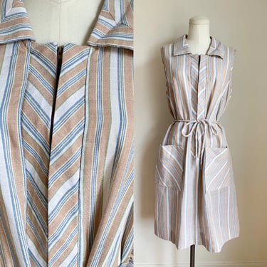 Vintage 1970s Striped Zip Front House Dress / M 