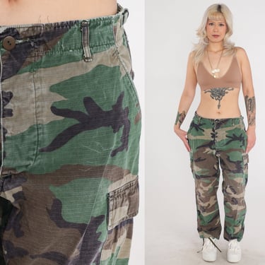 Camo Army Pants 90s Cargo Pants Military Combat Olive Green Camouflage Grunge Aesthetic Punk Rocker Streetwear Cotton Vintage 1990s Large 35 