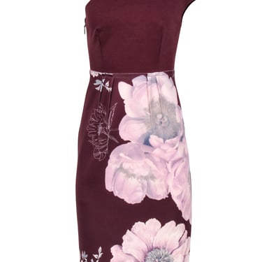Ted Baker - Maroon Single Cap Sleeve Dress w/ Pink Floral Print Sz 6