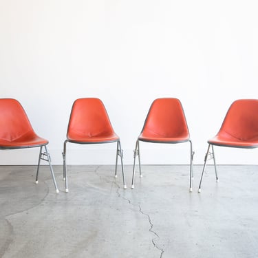 Vintage 1970s Eames for Herman Miller Fiberglass Shell DSS Dinning Chairs |  Upholstered Naugahyde in MCM Burnt Orange 