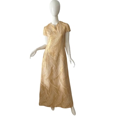 60s Gold Brocade Dress / Vintage Metallic Evening Gown / 1960s Gold Lame Maxi Medium 
