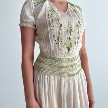 1930's Green Embroidered Hungarian White Cotton Dress