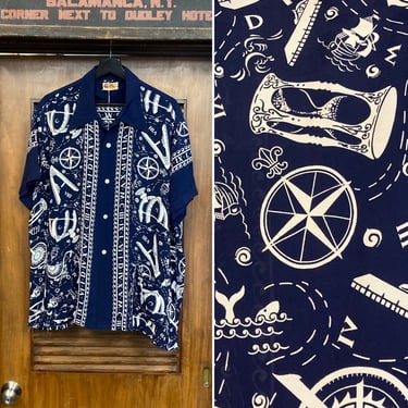 Vintage 1940’s Size XL Atomic Nautical Vertical Pattern Rayon Cabana Tiki Hawaiian Shirt, 40’s Loop Collar, Vintage Clothing 