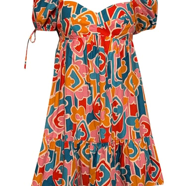 Amanda Uprichard - Teal Blue, Orange, Pink, & Red Print Puff Short Sleeve Dress Sz S