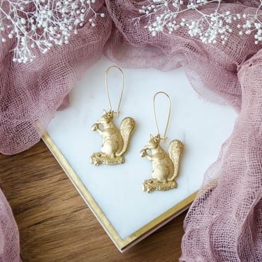 gold squirrel earrings, charm earrings, vintage brass earrings, bohemian nature cottagecore gift for her, statement earrings 