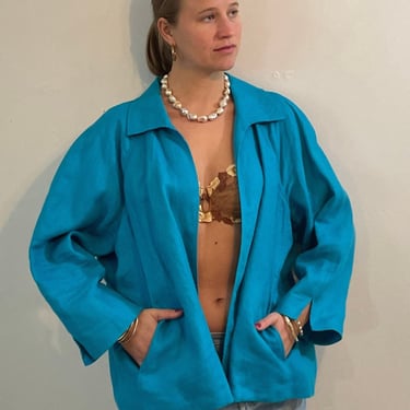 90s Irish linen blazer jacket / vintage turquoise aqua 100% linen oversized cropped raglan open front linen jacket blazer | X Large 