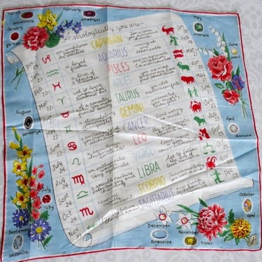Vintage Zodiac Hankie Handkerchief by Burmel, Cotton Astrology Celestial Novelty Tarot Card Wrap 