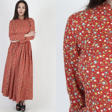 Vintage 70s Homestead Pilgrim Folk Dress / Country Calico Floral Dress / Red Cotton Homespun Maxi Dress 
