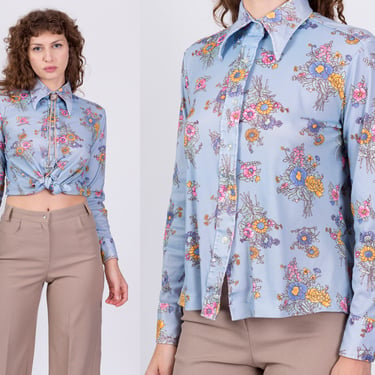 70s Blue Floral Button Up Top - Medium | Vintage Pointed Collar Long Sleeve Bouquet Print Blouse 