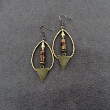 Bronze hoop earrings, bohemian earrings, rustic boho earrings, artisan ethnic earrings, tear drop hoop earrings, brown tiger's eye earrings 
