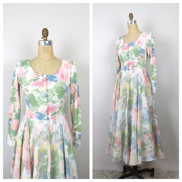 Vintage 1980s 1990s floral dress midi maxi button front cotton pastel size small medium 