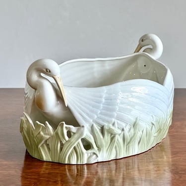 Vintage Fitz and Floyd 1981 Double Swan Porcelain Decorative Bowl/Planter/Cachepot Centerpiece White Green Home Decor 