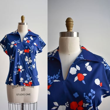 1970s Polyester Navy Blue Floral Blouse 