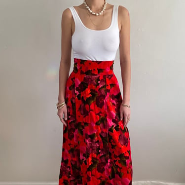 70s velvet maxi skirt / vintage red mod floral print cotton velvet hostess maxi skirt | size 26 