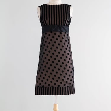 Adorable 1960's Velvet Polka Dots & Stripes Mod Cocktail Dress / XS