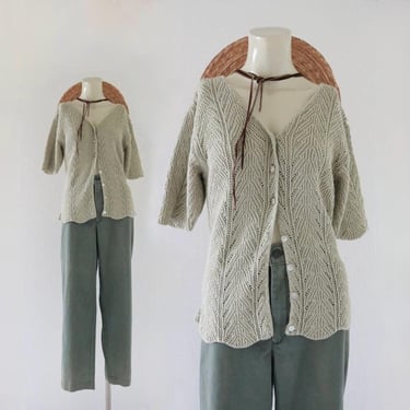 pointelle knit cardigan - m - vintage 90s y2k womens sage green short sleeve button front crochet top shirt sweater blouse 