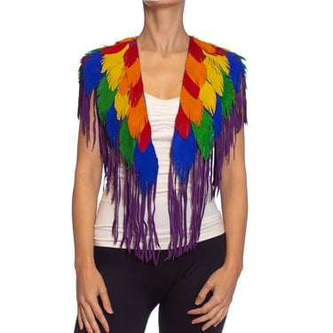 MORPHEW COLLECTION Parrot Rainbow Suede Fringe Feather Leather Cape 