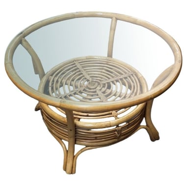 Restored Round Two-Tier Rattan Spiral Coffee Table w/ Glass Top 