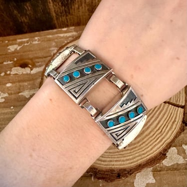 TURQUOISE LABYRINTH 1940s Sterling Silver Bracelet | 40s/50s Art Deco Style | 1940s 1950s | Shadow Boxed Jewelry 