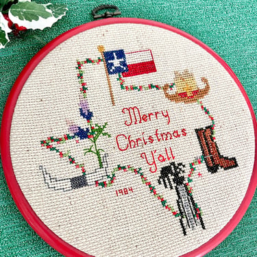 Holiday Decor, Merry Christmas Yall, Hand Embroidered, Cross Stitch, Texas Theme, Vintage 1984, Hand Made 