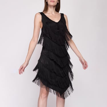 Small 90s Black Fringe Flapper Party Dress | Vintage 1920s Gatsby Costume Mini High Low Dress 