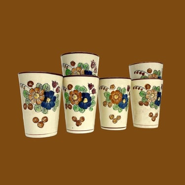 Vintage Japanese Cups Retro 1960s Mid Century Modern + Ceramic + Hand Painted + Floral + Set of 6 + Handmade Pottery + MCM + Kitchen Decor 