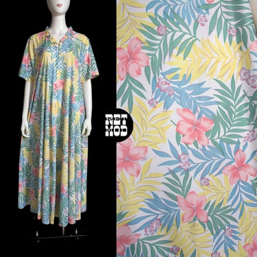 Comfy Cool Vintage 70s 80s Pastel Leaves Patterned Long Robe or House Dress Loungewear 