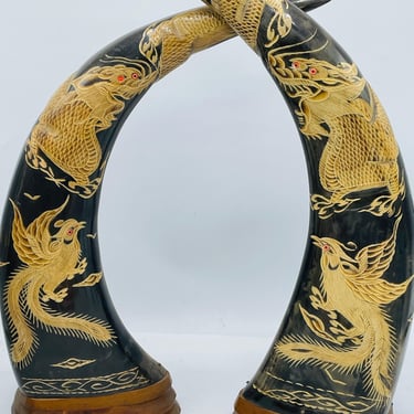 Pair of antique Buffalo Horns with Dragon and Phoenix Inlay- 13