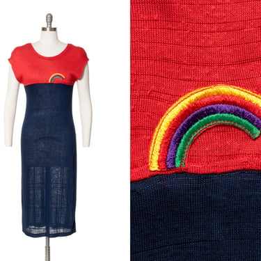 Vintage 1970s Dress | 70s Rainbow Novelty Appliqué Color Block Jersey Knit Red Blue Lightweight Midi Summer Sweater Dress (x-small/small) 
