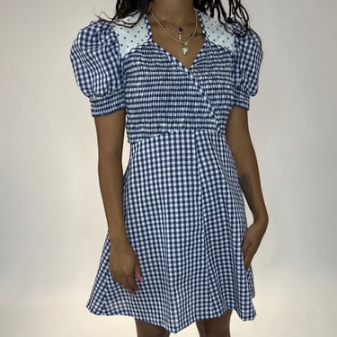 70s Blue Gingham Puff Sleeve Dress