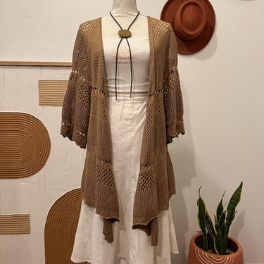 Vintage 90s Tan Soft Crochet Knit Open Style Flowy Summer Kimono Top 